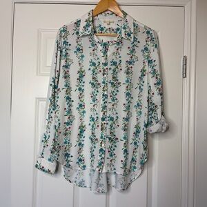 Jane and Delaney White Floral Long sleeve Button-Up Blouse Size L